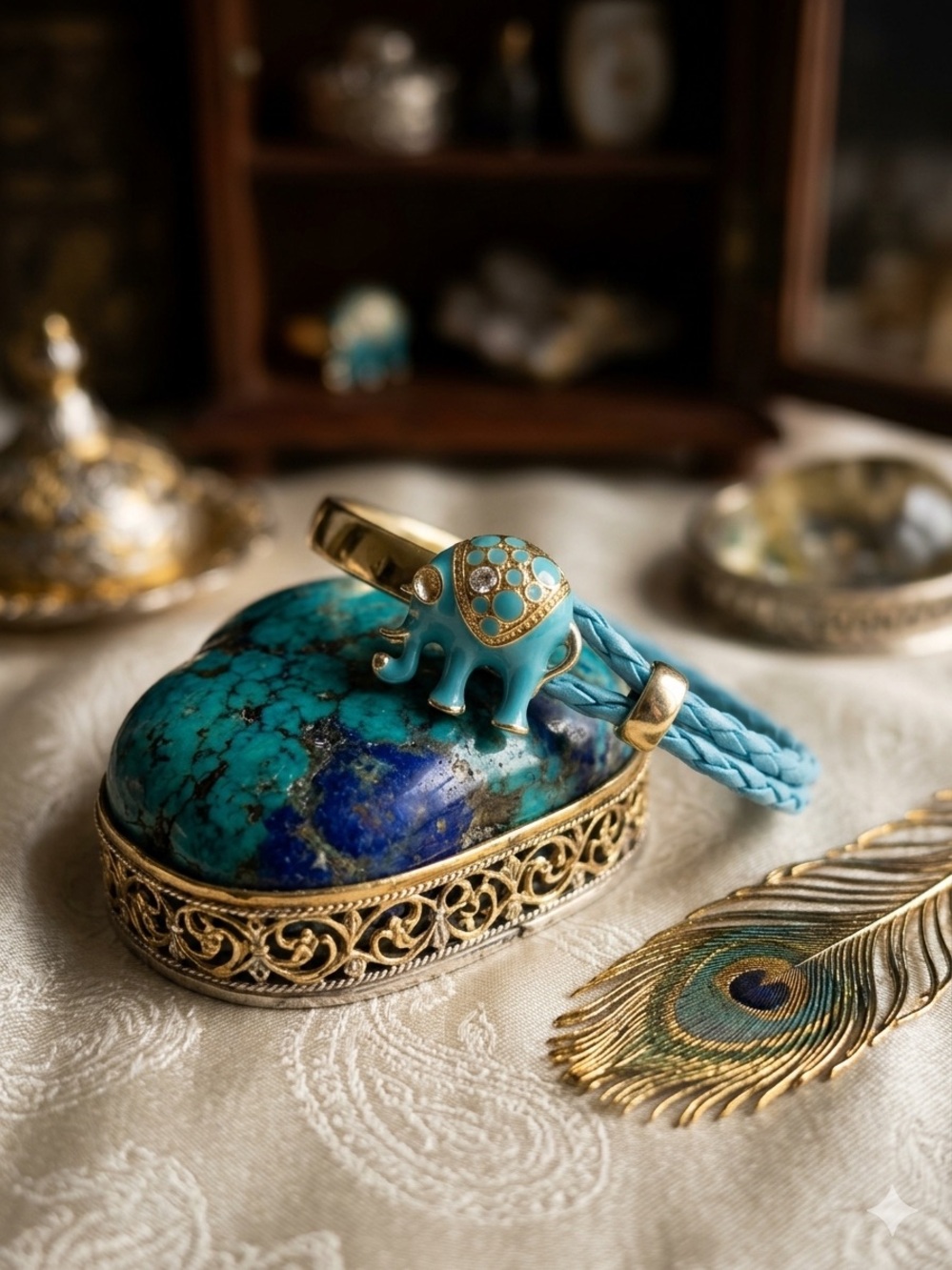 Turquoise Braided Bracelet with Elephant Charm and Gold Accents